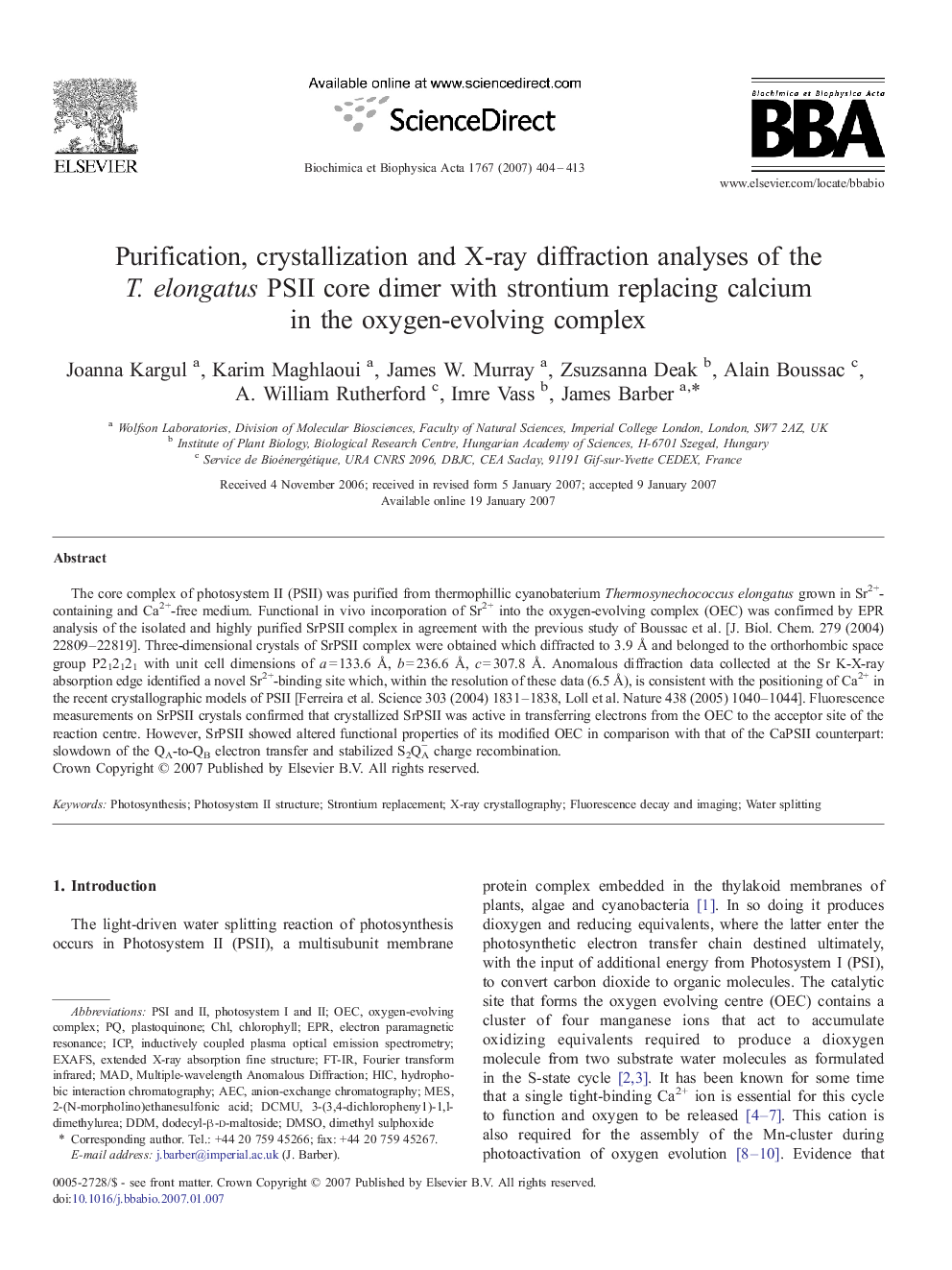 Purification, crystallization and X-ray diffraction analyses of the T. elongatus PSII core dimer with strontium replacing calcium in the oxygen-evolving complex