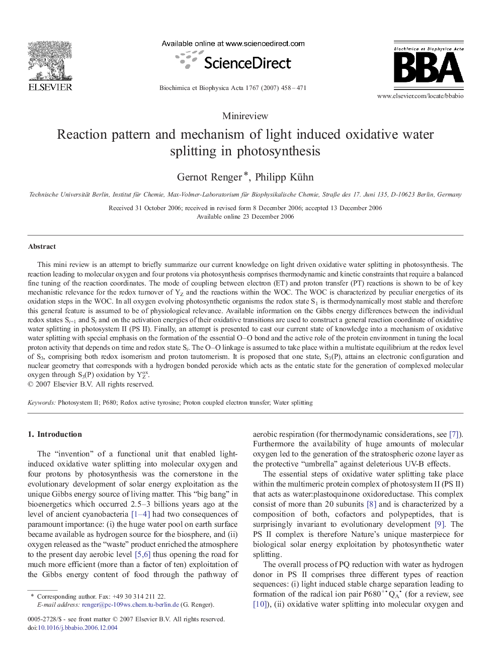 Reaction pattern and mechanism of light induced oxidative water splitting in photosynthesis