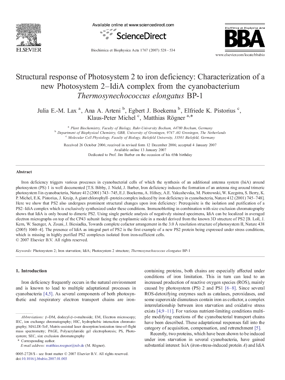 Structural response of Photosystem 2 to iron deficiency: Characterization of a new Photosystem 2–IdiA complex from the cyanobacterium Thermosynechococcus elongatus BP-1