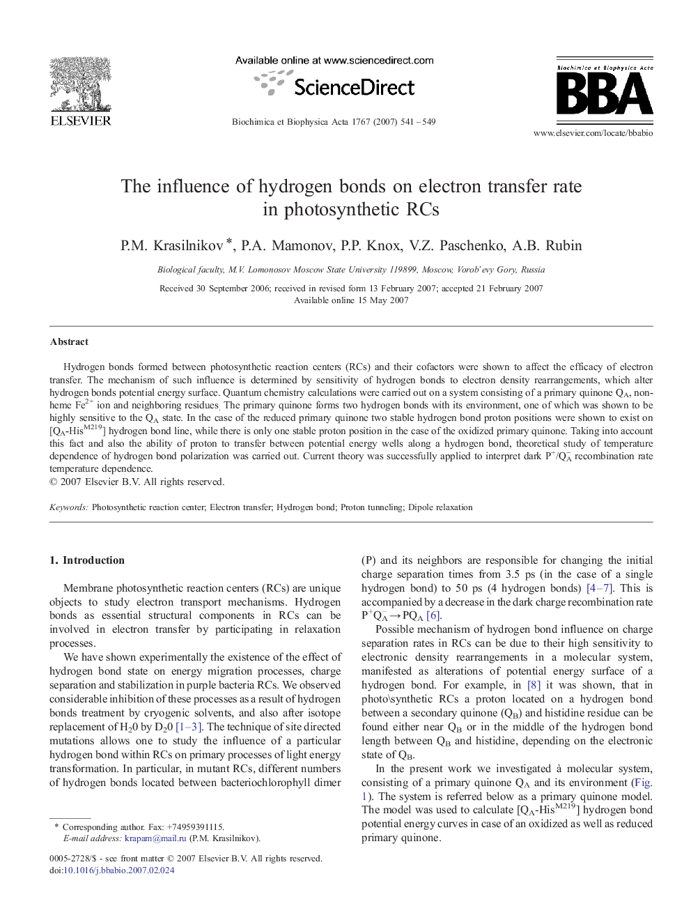 The influence of hydrogen bonds on electron transfer rate in photosynthetic RCs