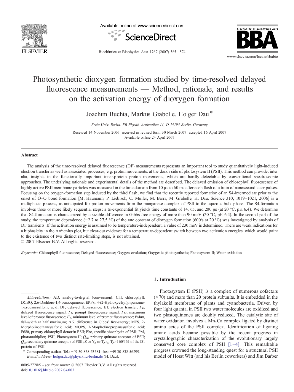 Photosynthetic dioxygen formation studied by time-resolved delayed fluorescence measurements — Method, rationale, and results on the activation energy of dioxygen formation