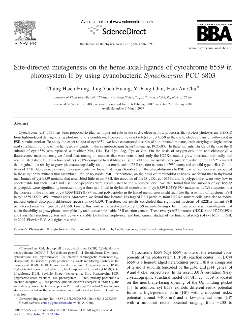 Site-directed mutagenesis on the heme axial-ligands of cytochrome b559 in photosystem II by using cyanobacteria Synechocystis PCC 6803