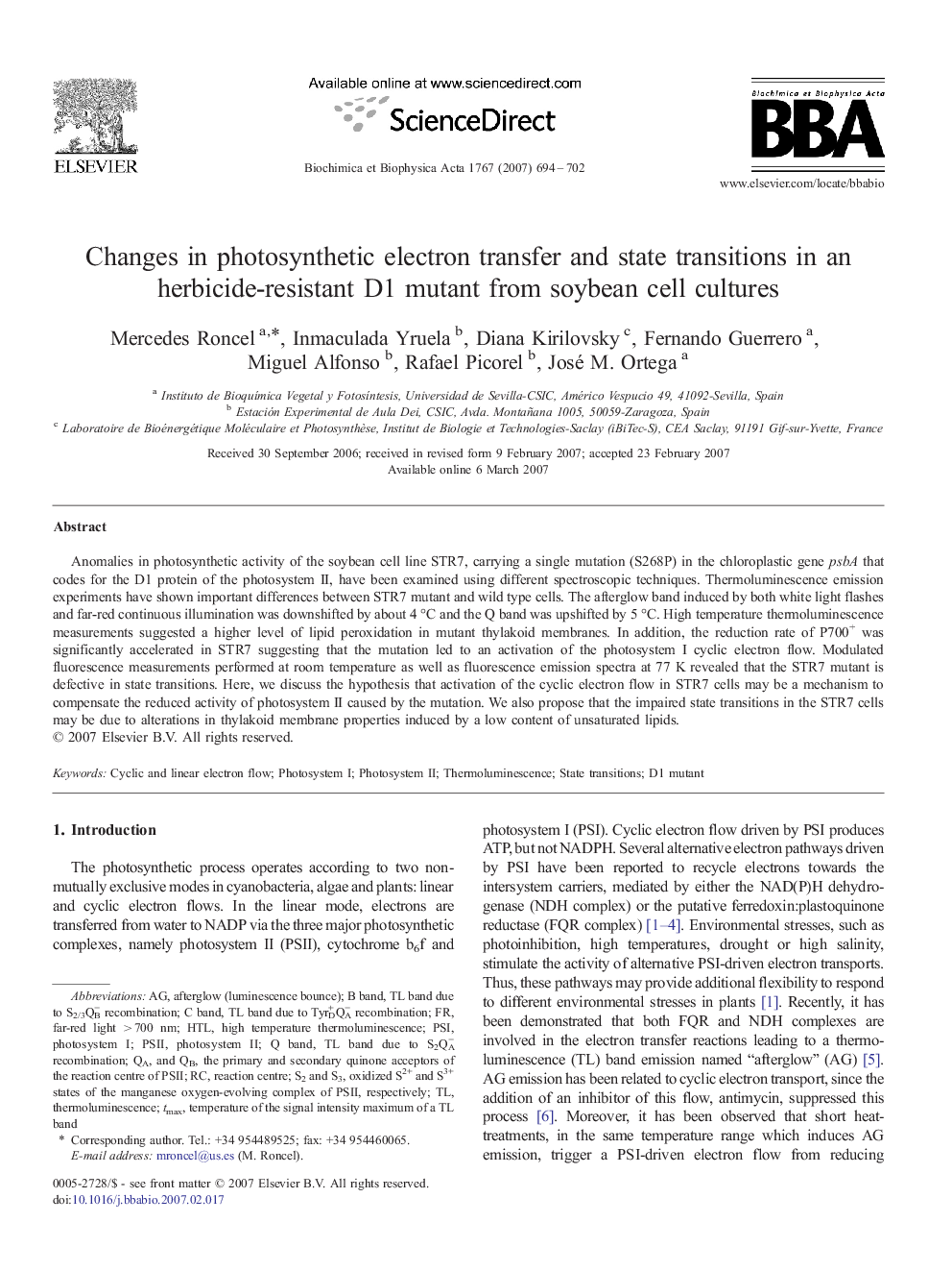 Changes in photosynthetic electron transfer and state transitions in an herbicide-resistant D1 mutant from soybean cell cultures