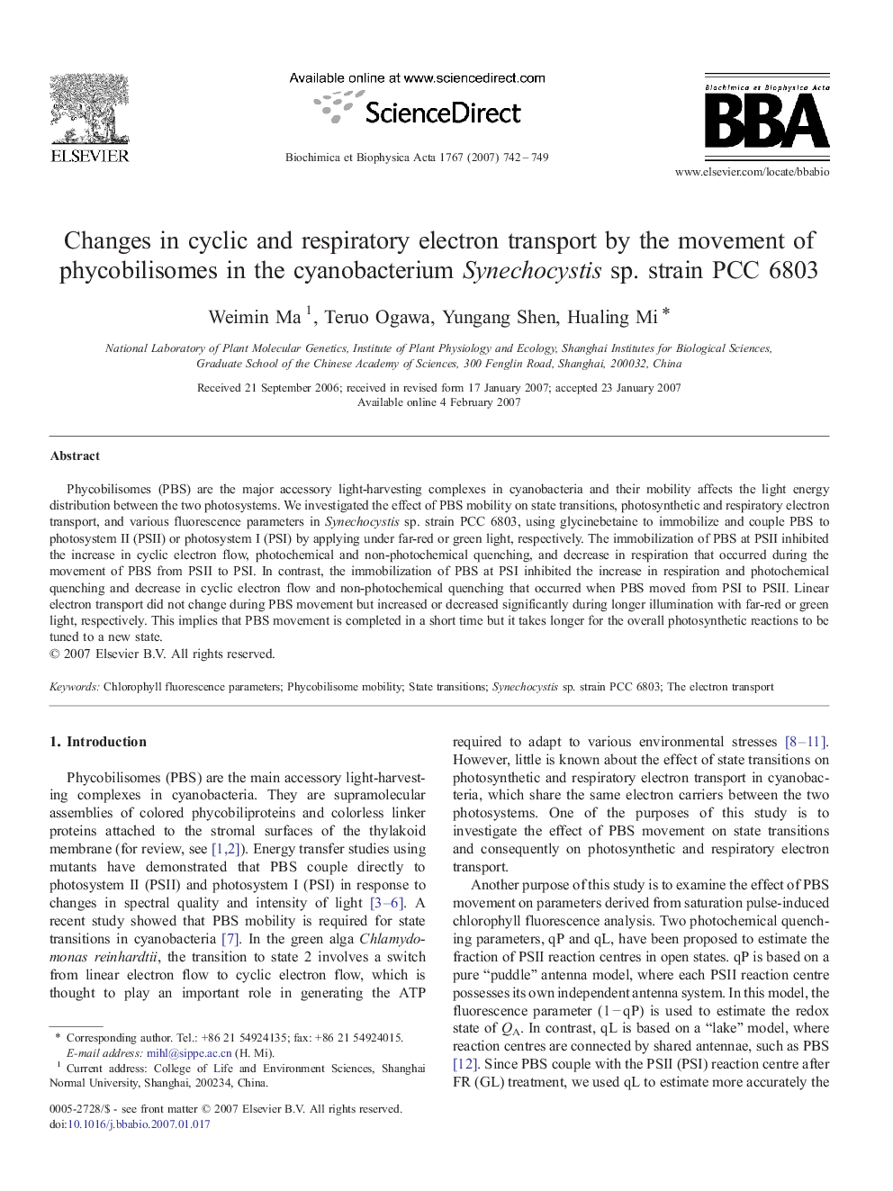 Changes in cyclic and respiratory electron transport by the movement of phycobilisomes in the cyanobacterium Synechocystis sp. strain PCC 6803