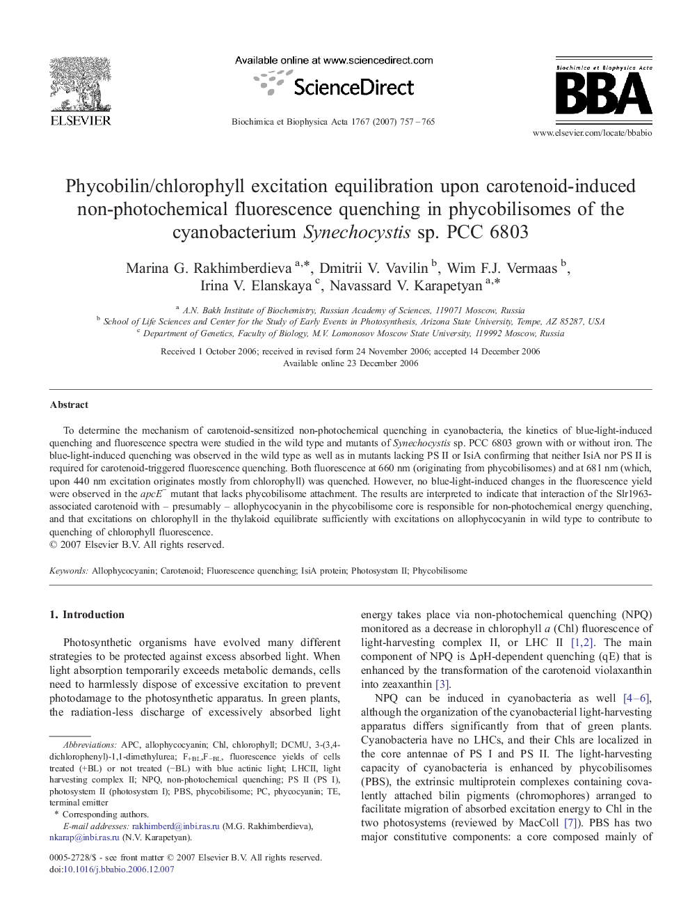 Phycobilin/chlorophyll excitation equilibration upon carotenoid-induced non-photochemical fluorescence quenching in phycobilisomes of the cyanobacterium Synechocystis sp. PCC 6803