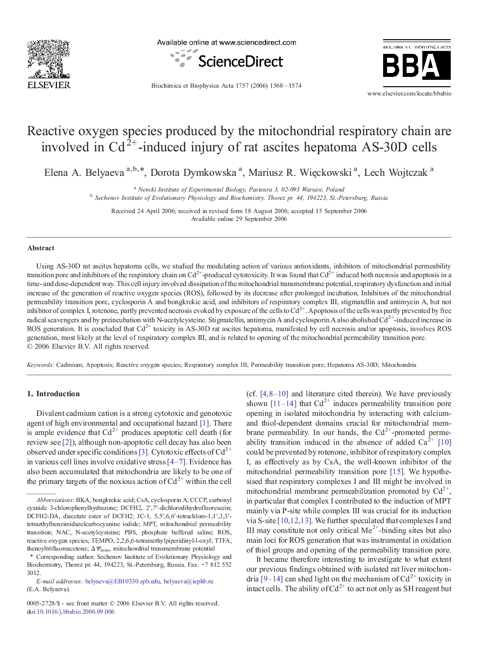 Reactive oxygen species produced by the mitochondrial respiratory chain are involved in Cd2+-induced injury of rat ascites hepatoma AS-30D cells