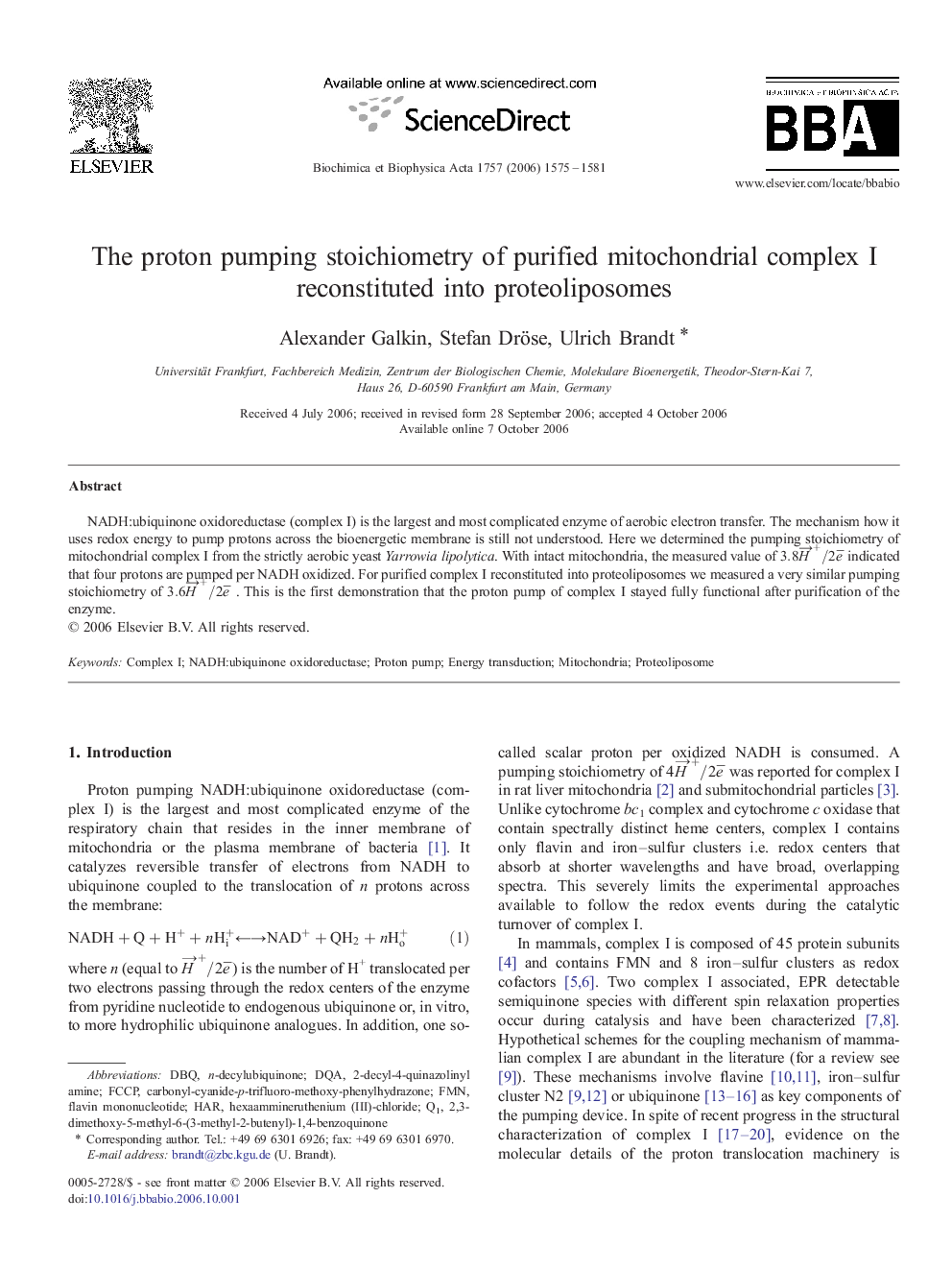 The proton pumping stoichiometry of purified mitochondrial complex I reconstituted into proteoliposomes