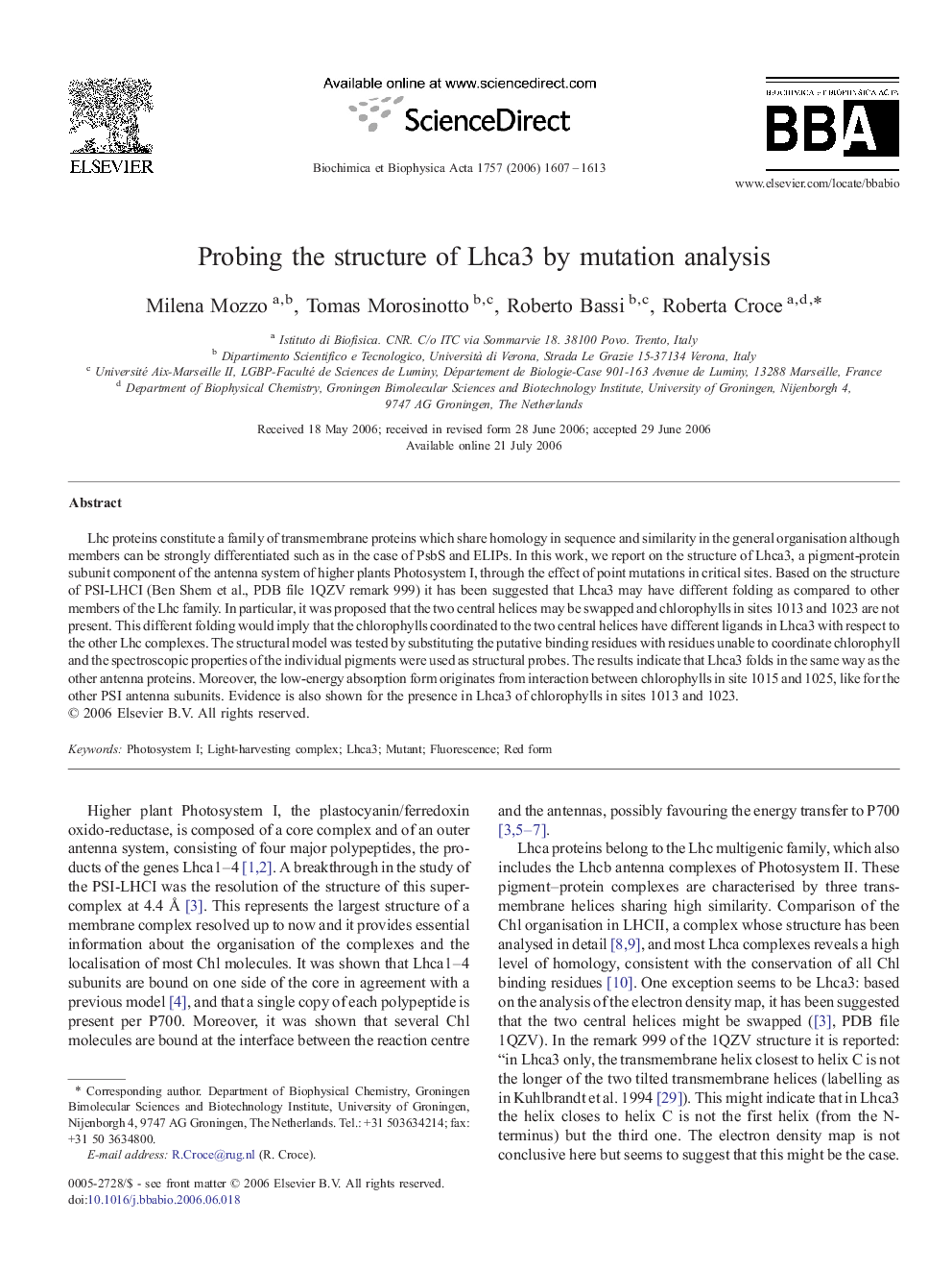 Probing the structure of Lhca3 by mutation analysis