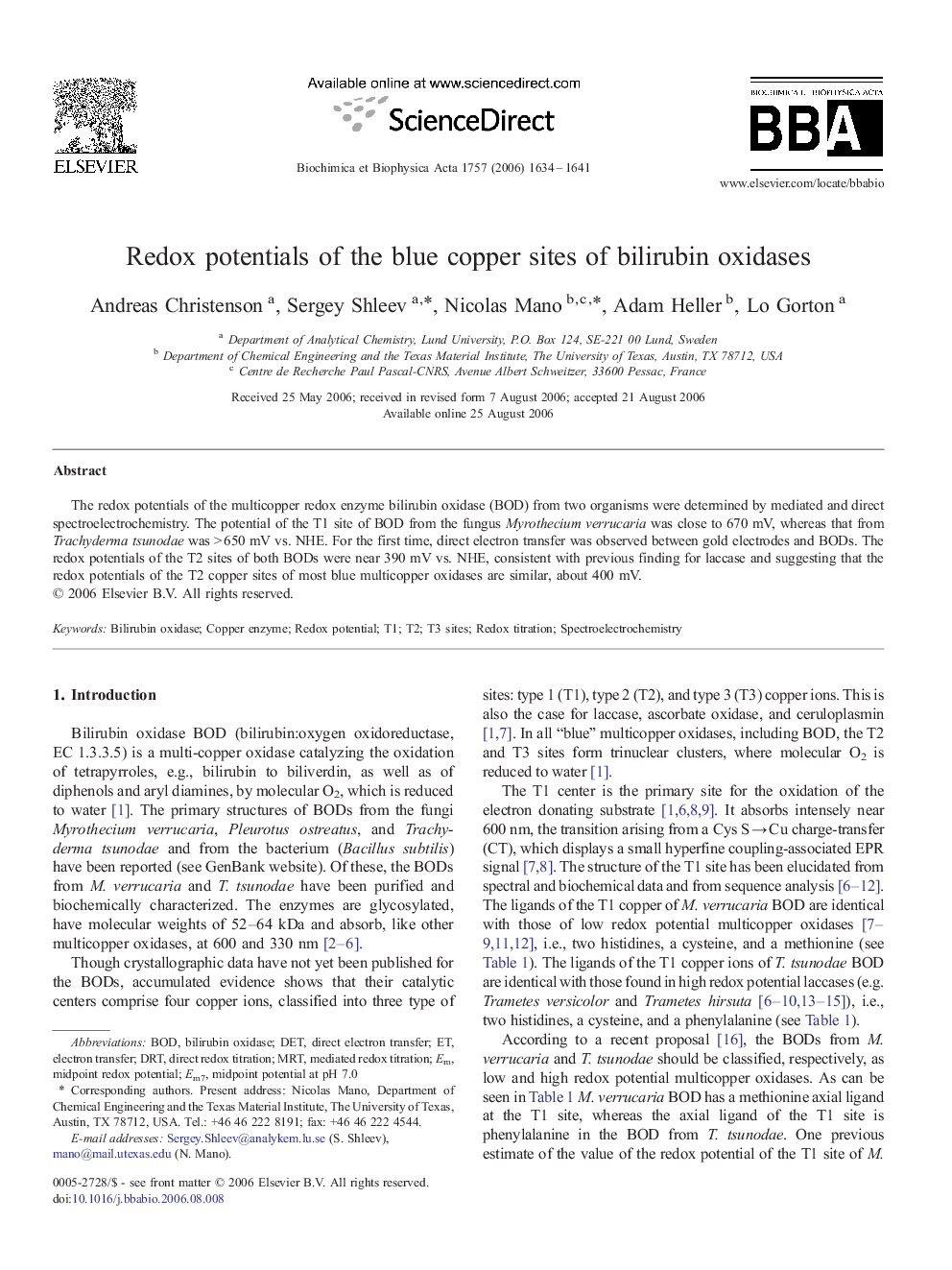 Redox potentials of the blue copper sites of bilirubin oxidases