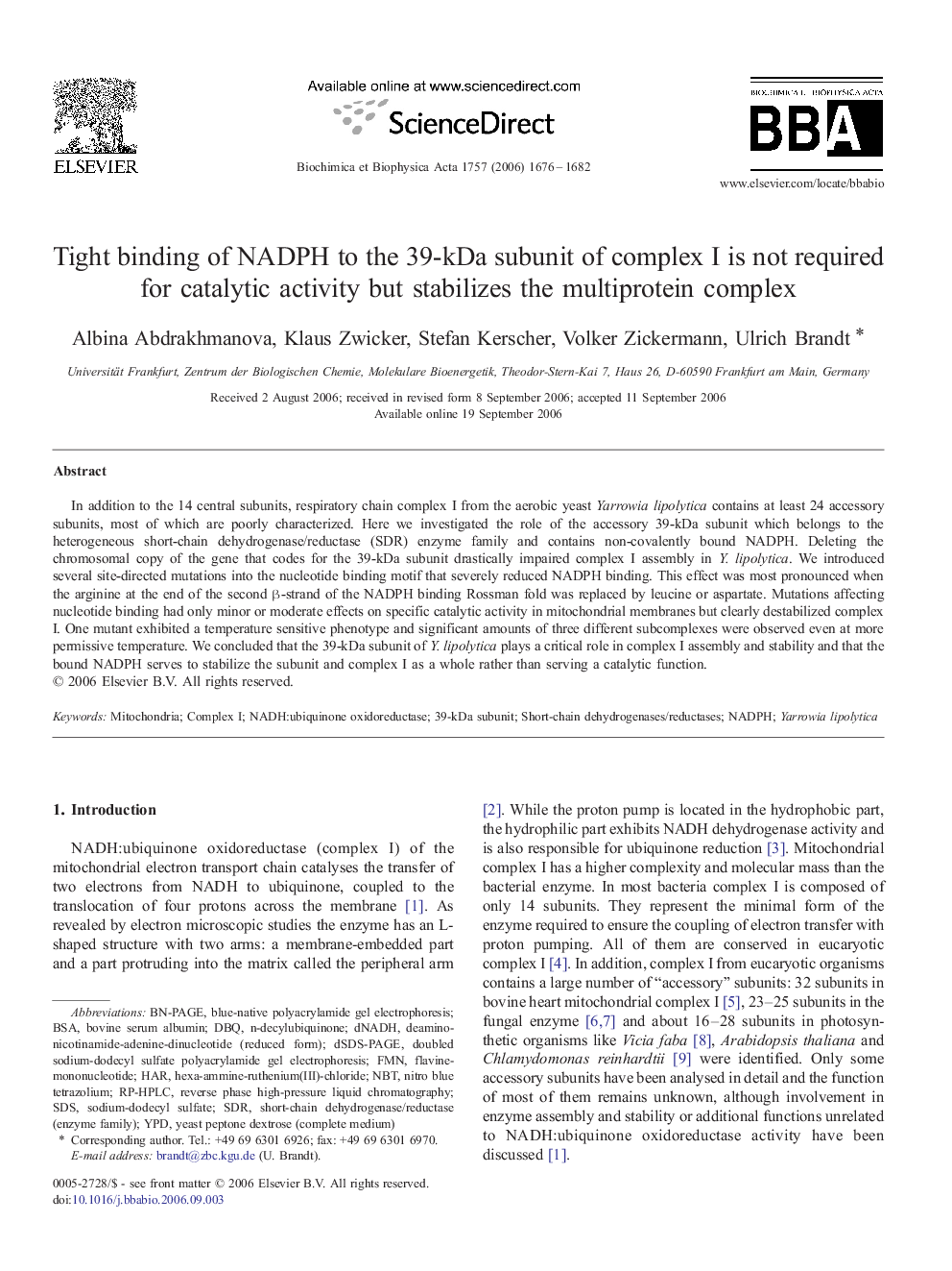 Tight binding of NADPH to the 39-kDa subunit of complex I is not required for catalytic activity but stabilizes the multiprotein complex