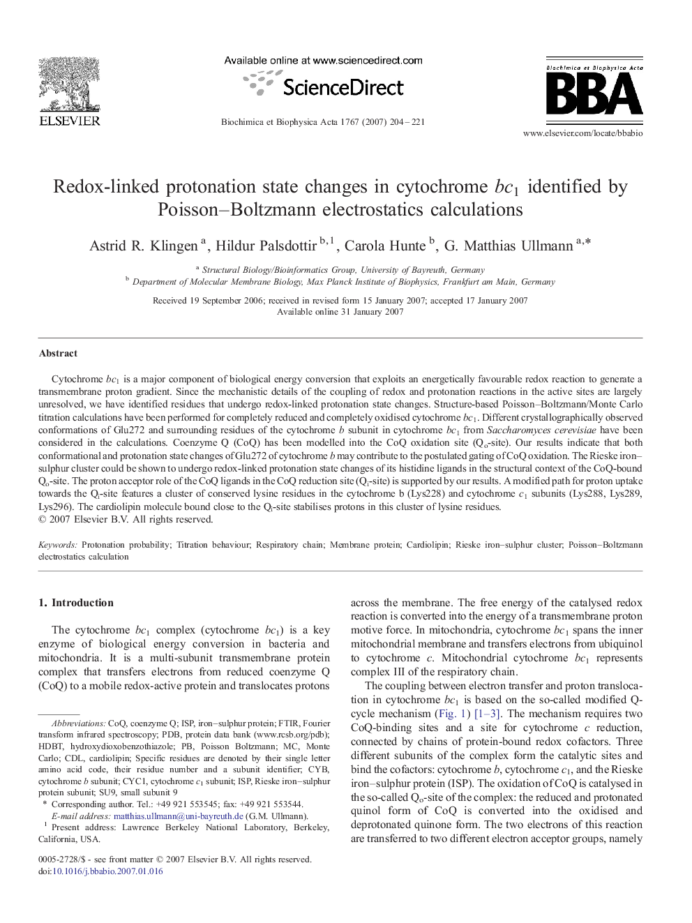 Redox-linked protonation state changes in cytochrome bc1 identified by Poisson–Boltzmann electrostatics calculations