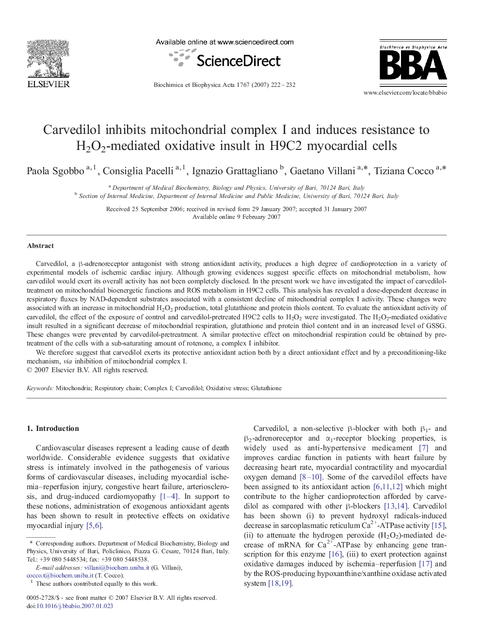 Carvedilol inhibits mitochondrial complex I and induces resistance to H2O2-mediated oxidative insult in H9C2 myocardial cells