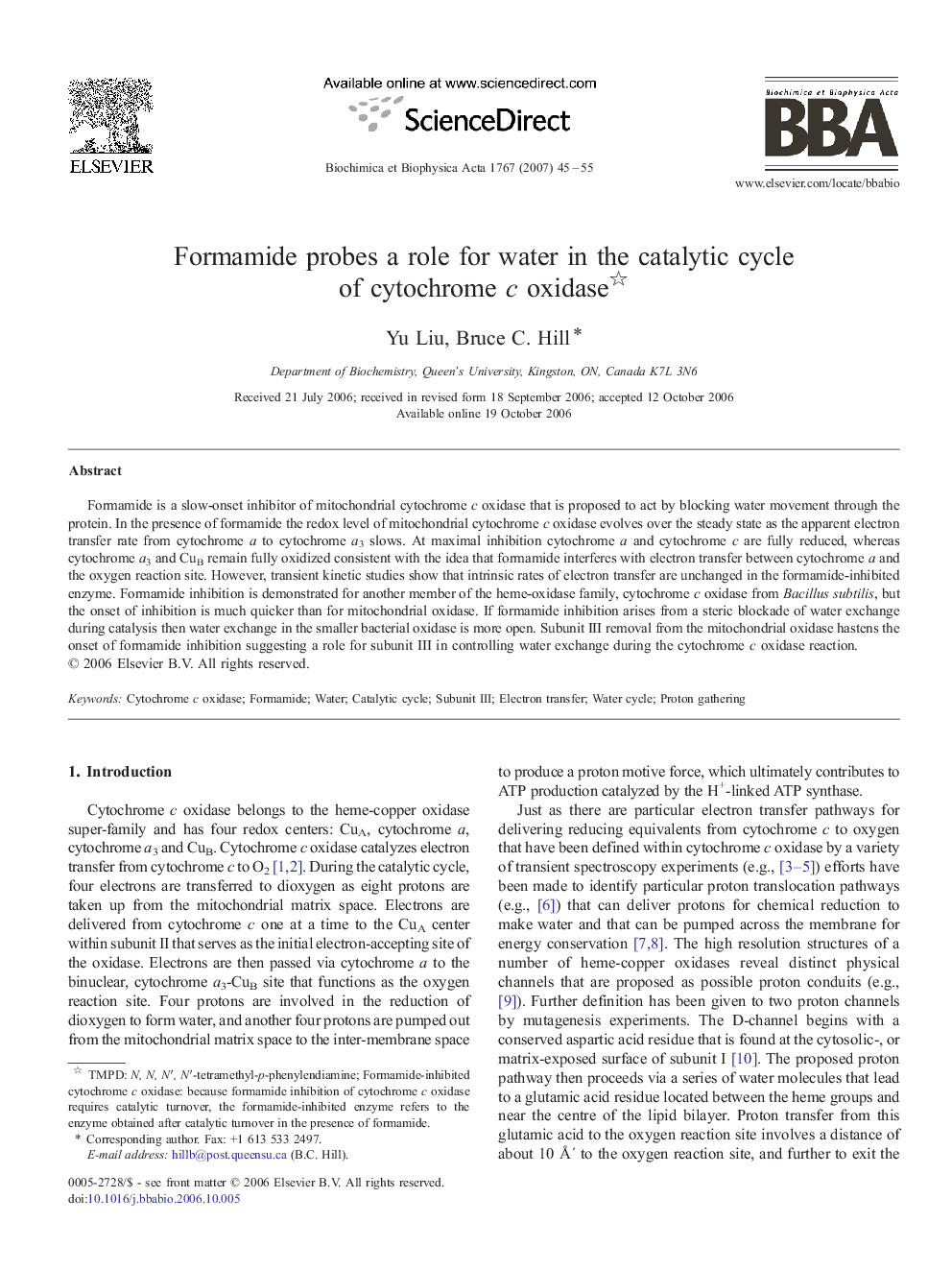 Formamide probes a role for water in the catalytic cycle of cytochrome c oxidase 