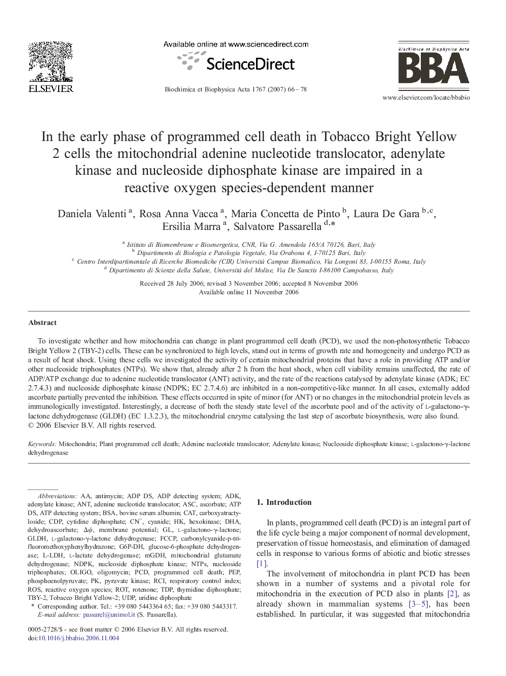 In the early phase of programmed cell death in Tobacco Bright Yellow 2 cells the mitochondrial adenine nucleotide translocator, adenylate kinase and nucleoside diphosphate kinase are impaired in a reactive oxygen species-dependent manner