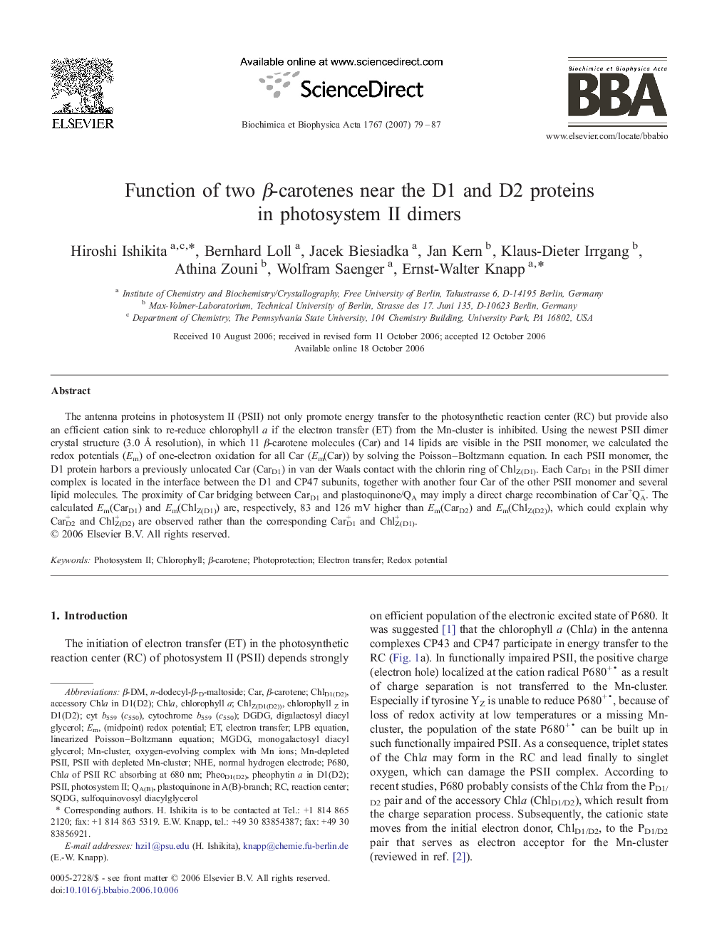 Function of two β-carotenes near the D1 and D2 proteins in photosystem II dimers