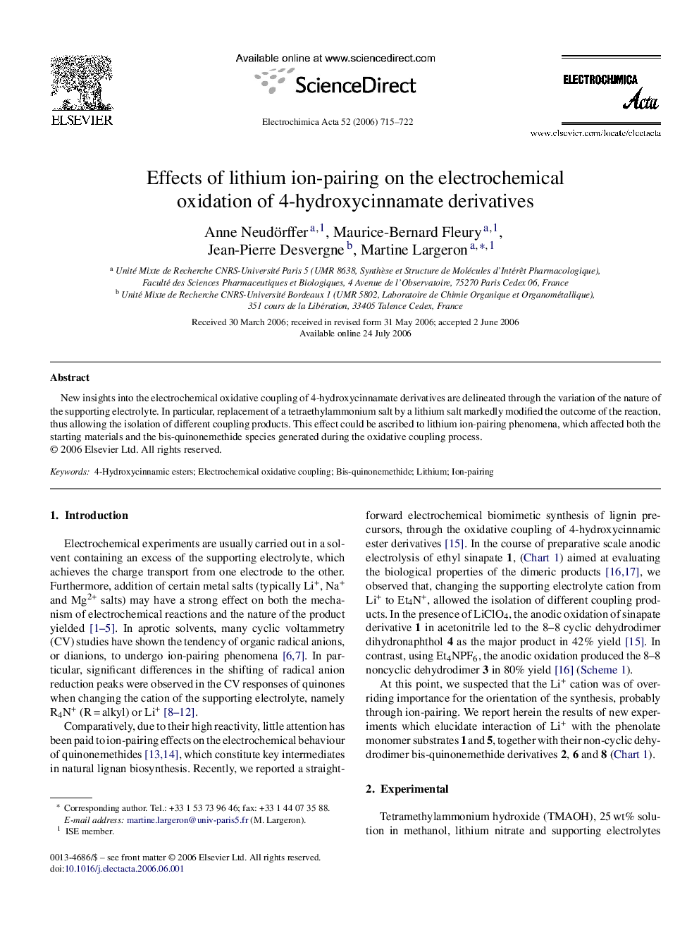 عکس صفحه اول مقاله: Effects of lithium ion-pairing on the electrochemical oxidation of 4-hydroxycinnamate derivatives Effects of lithium ion-pairing on the electrochemical oxidation of 4-hydroxycinnamate derivatives