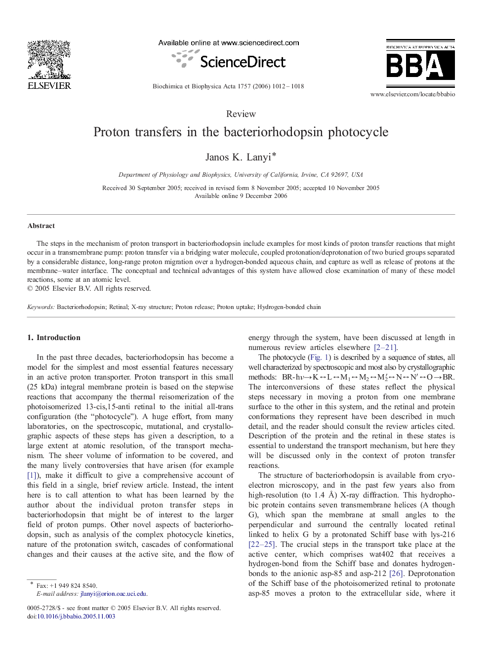 Proton transfers in the bacteriorhodopsin photocycle