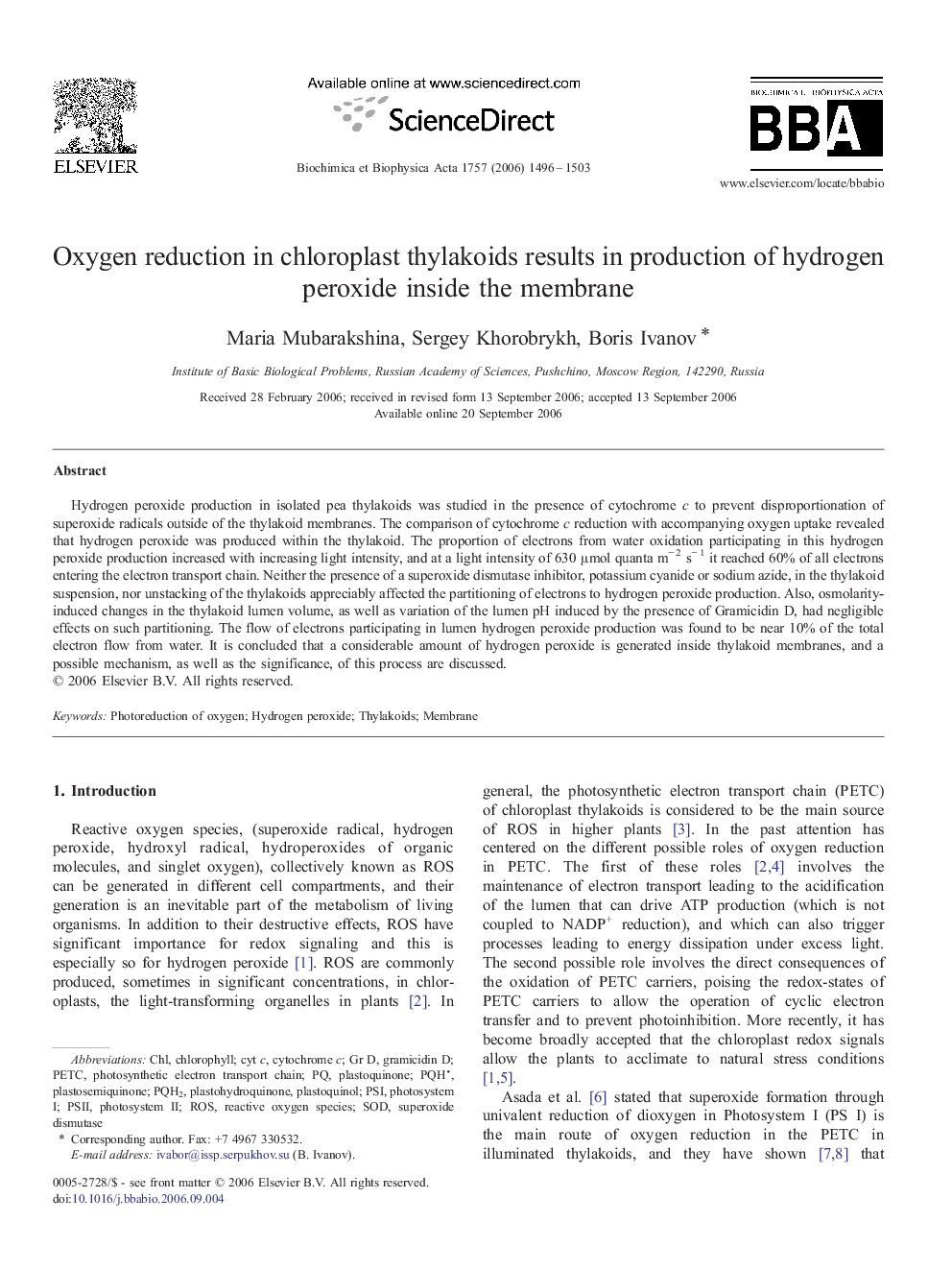 Oxygen reduction in chloroplast thylakoids results in production of hydrogen peroxide inside the membrane