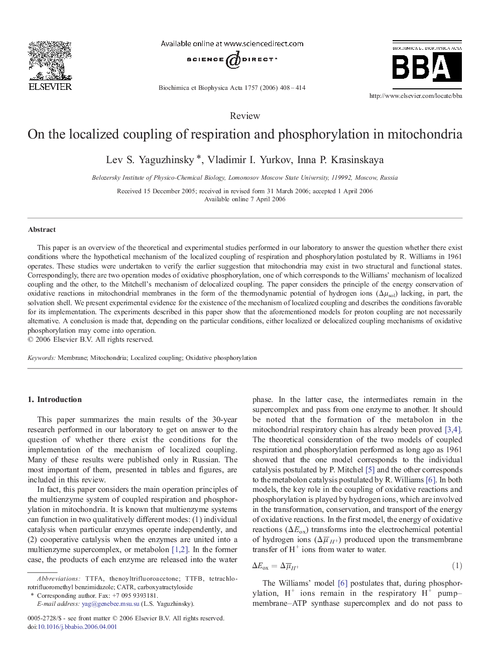 On the localized coupling of respiration and phosphorylation in mitochondria