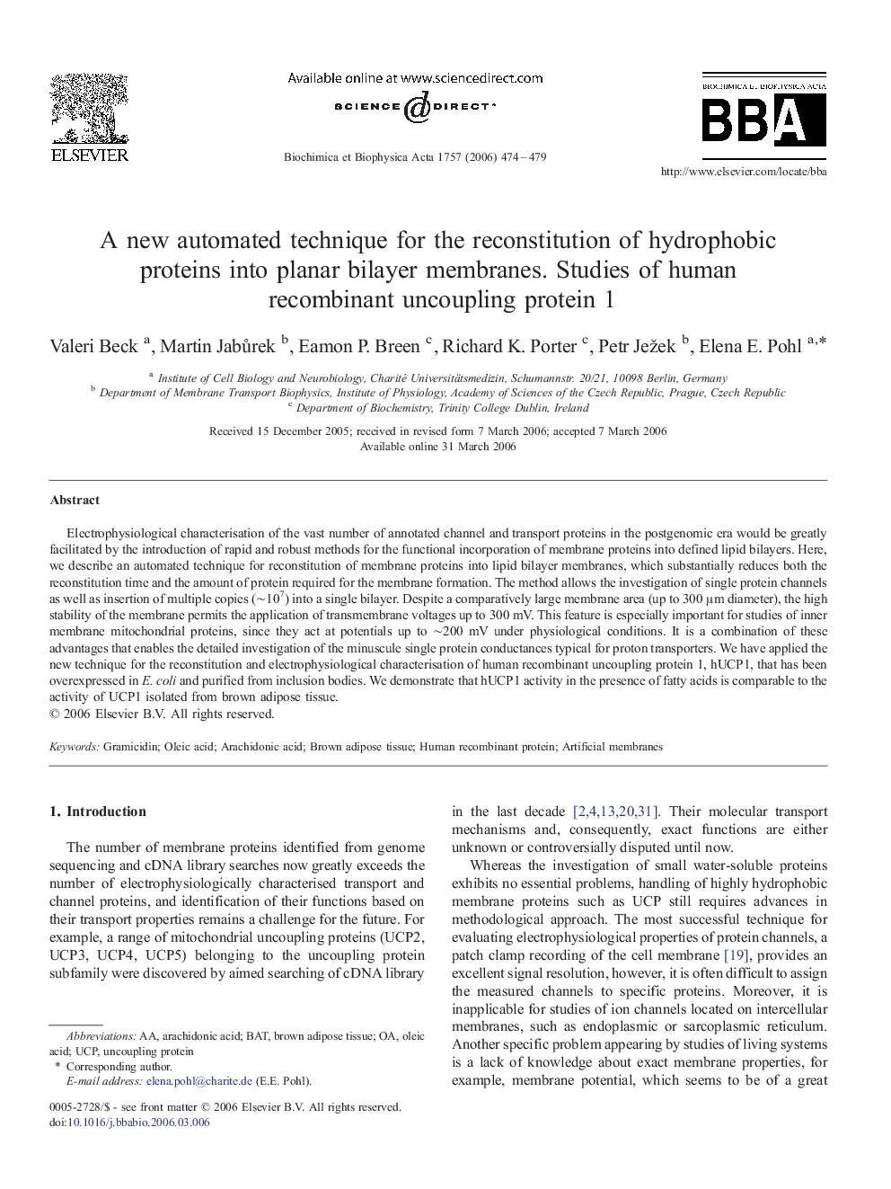 A new automated technique for the reconstitution of hydrophobic proteins into planar bilayer membranes. Studies of human recombinant uncoupling protein 1