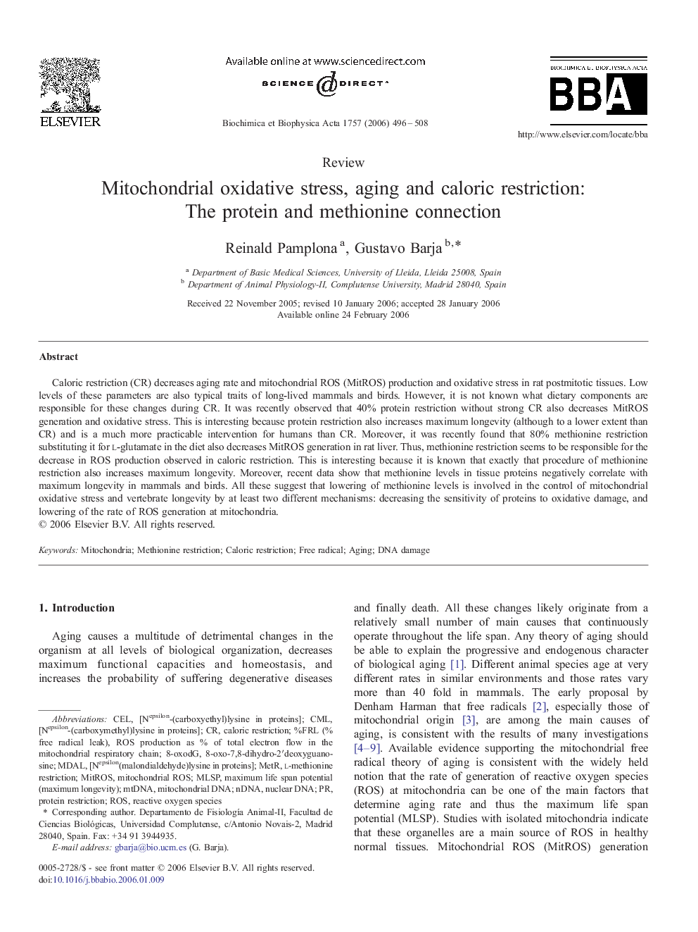 Mitochondrial oxidative stress, aging and caloric restriction: The protein and methionine connection