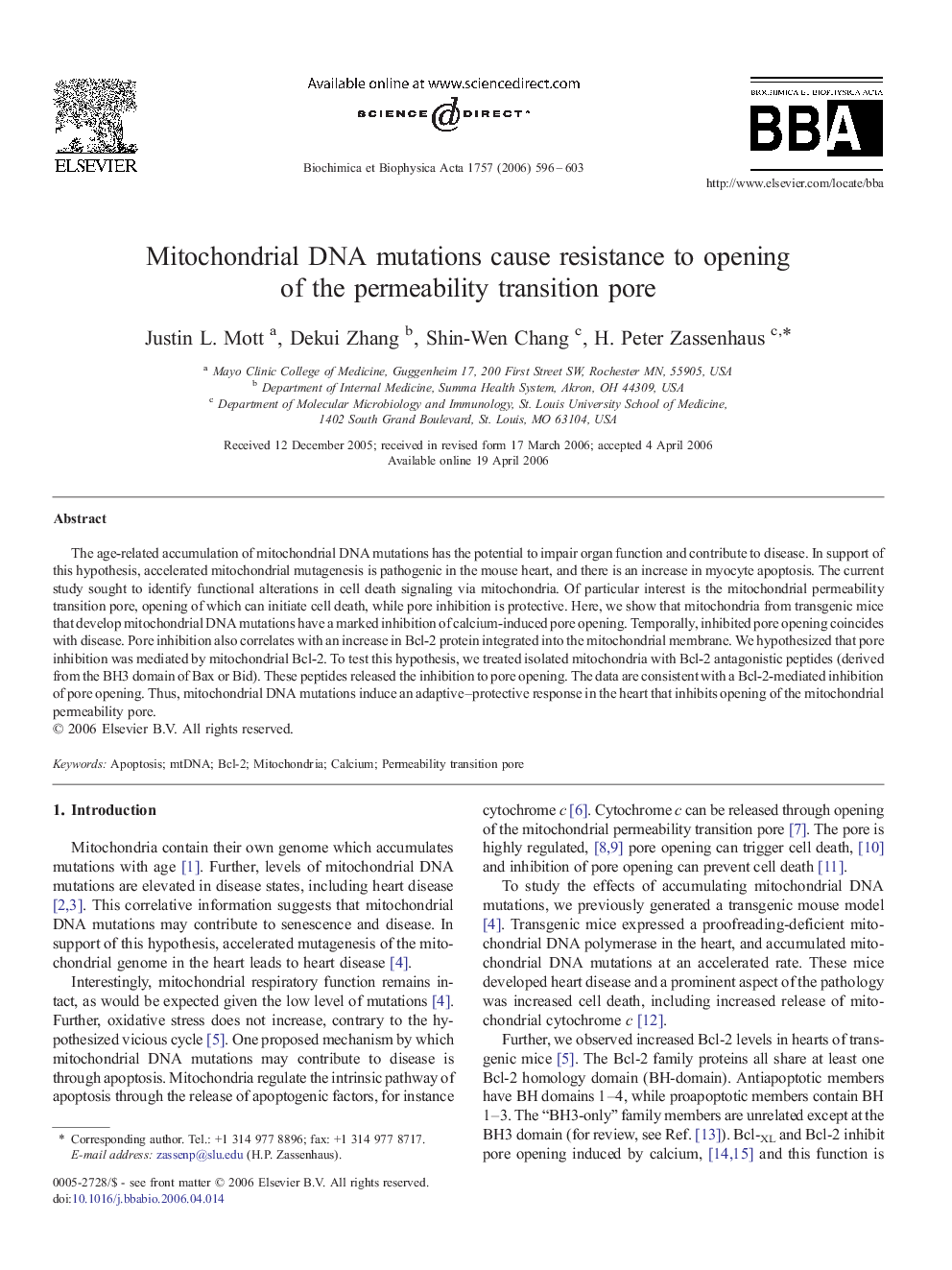 Mitochondrial DNA mutations cause resistance to opening of the permeability transition pore