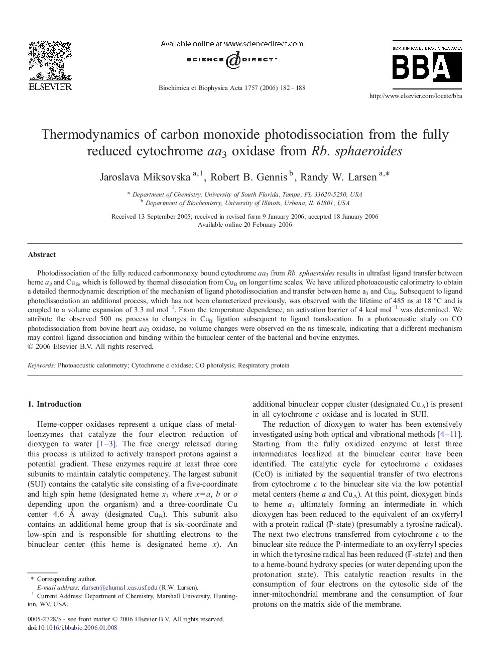 Thermodynamics of carbon monoxide photodissociation from the fully reduced cytochrome aa3 oxidase from Rb. sphaeroides