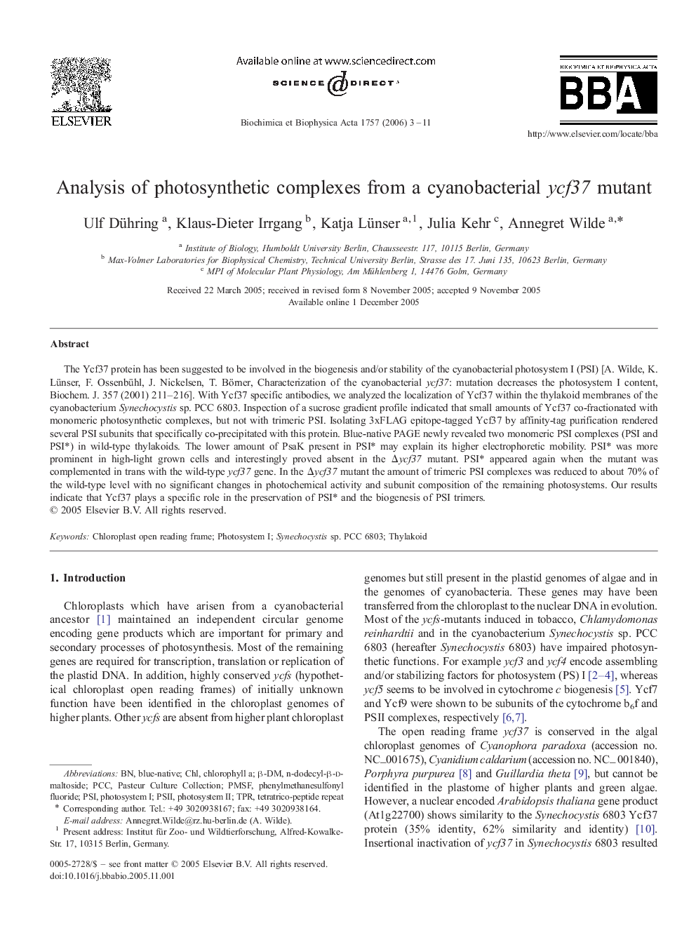 Analysis of photosynthetic complexes from a cyanobacterial ycf37 mutant