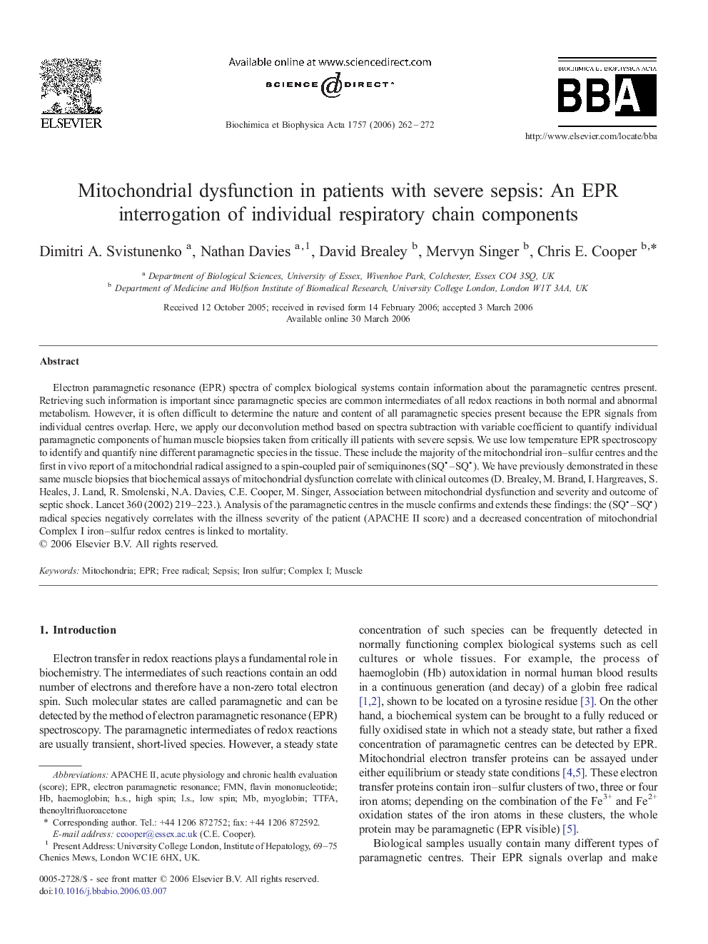 Mitochondrial dysfunction in patients with severe sepsis: An EPR interrogation of individual respiratory chain components