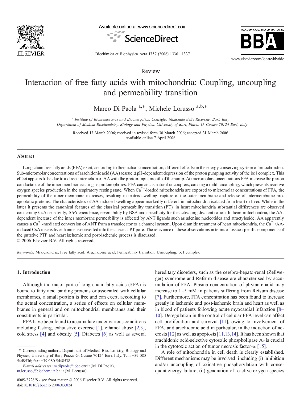 Interaction of free fatty acids with mitochondria: Coupling, uncoupling and permeability transition