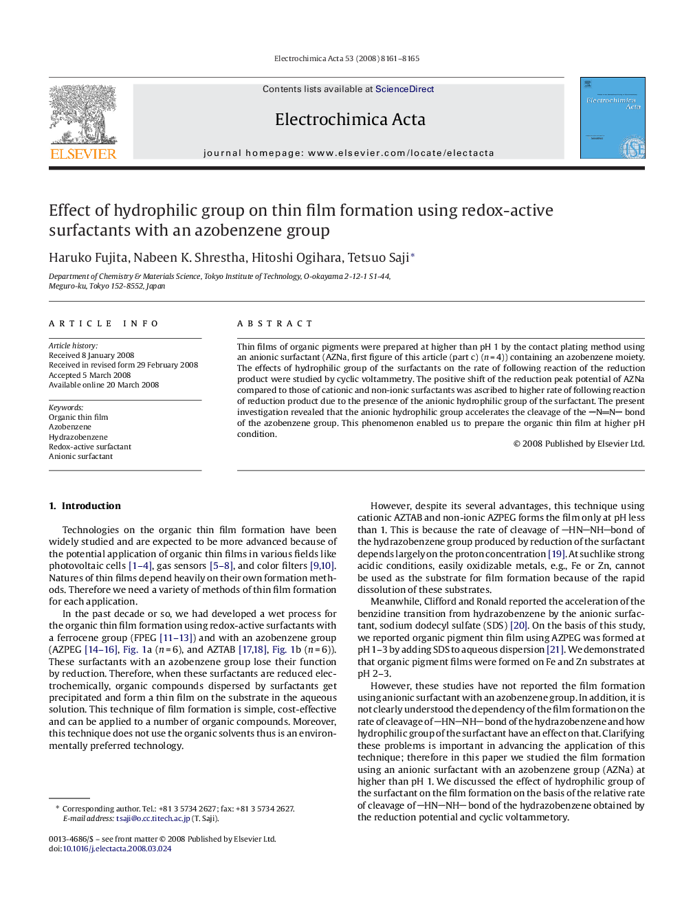 Effect of hydrophilic group on thin film formation using redox-active surfactants with an azobenzene group