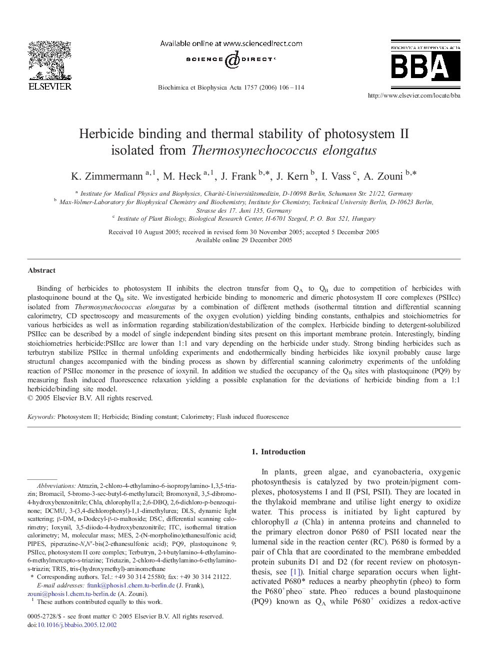 Herbicide binding and thermal stability of photosystem II isolated from Thermosynechococcus elongatus