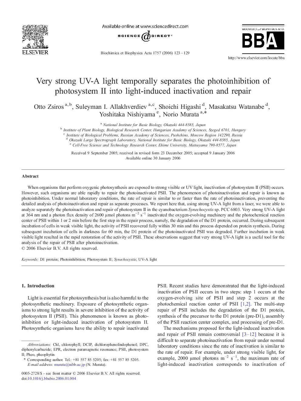 Very strong UV-A light temporally separates the photoinhibition of photosystem II into light-induced inactivation and repair