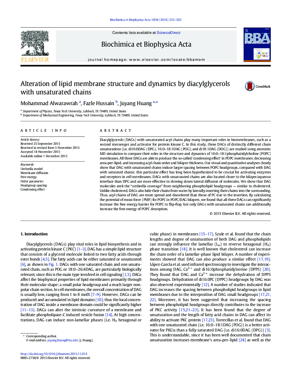 Alteration of lipid membrane structure and dynamics by diacylglycerols with unsaturated chains