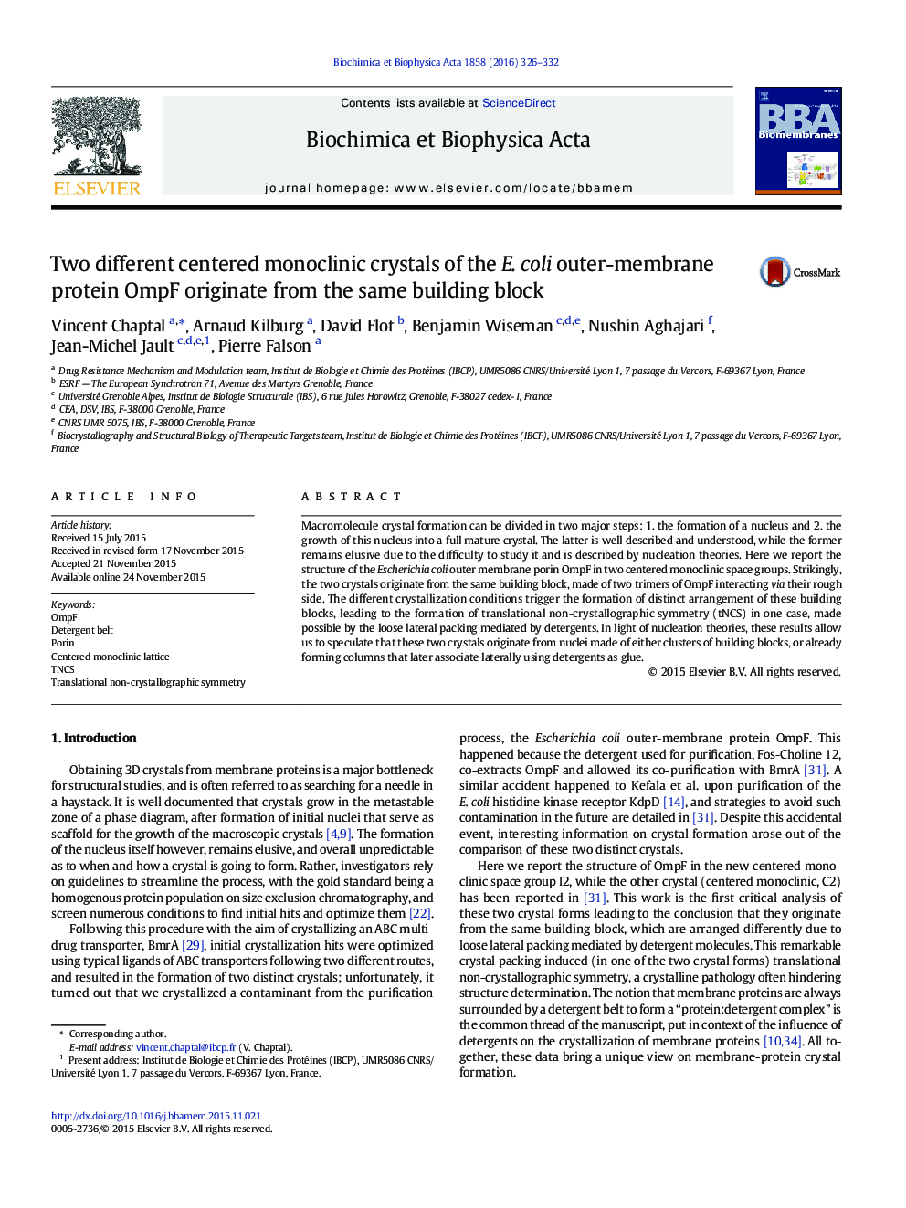 Two different centered monoclinic crystals of the E. coli outer-membrane protein OmpF originate from the same building block