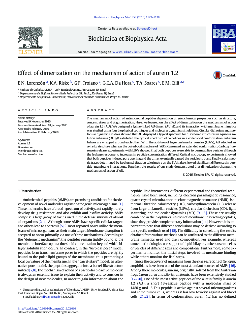 Effect of dimerization on the mechanism of action of aurein 1.2