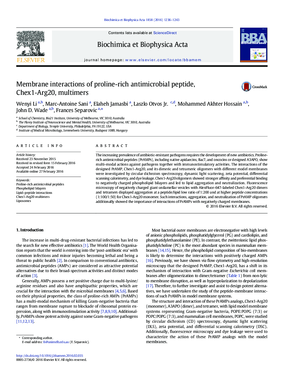 Membrane interactions of proline-rich antimicrobial peptide, Chex1-Arg20, multimers