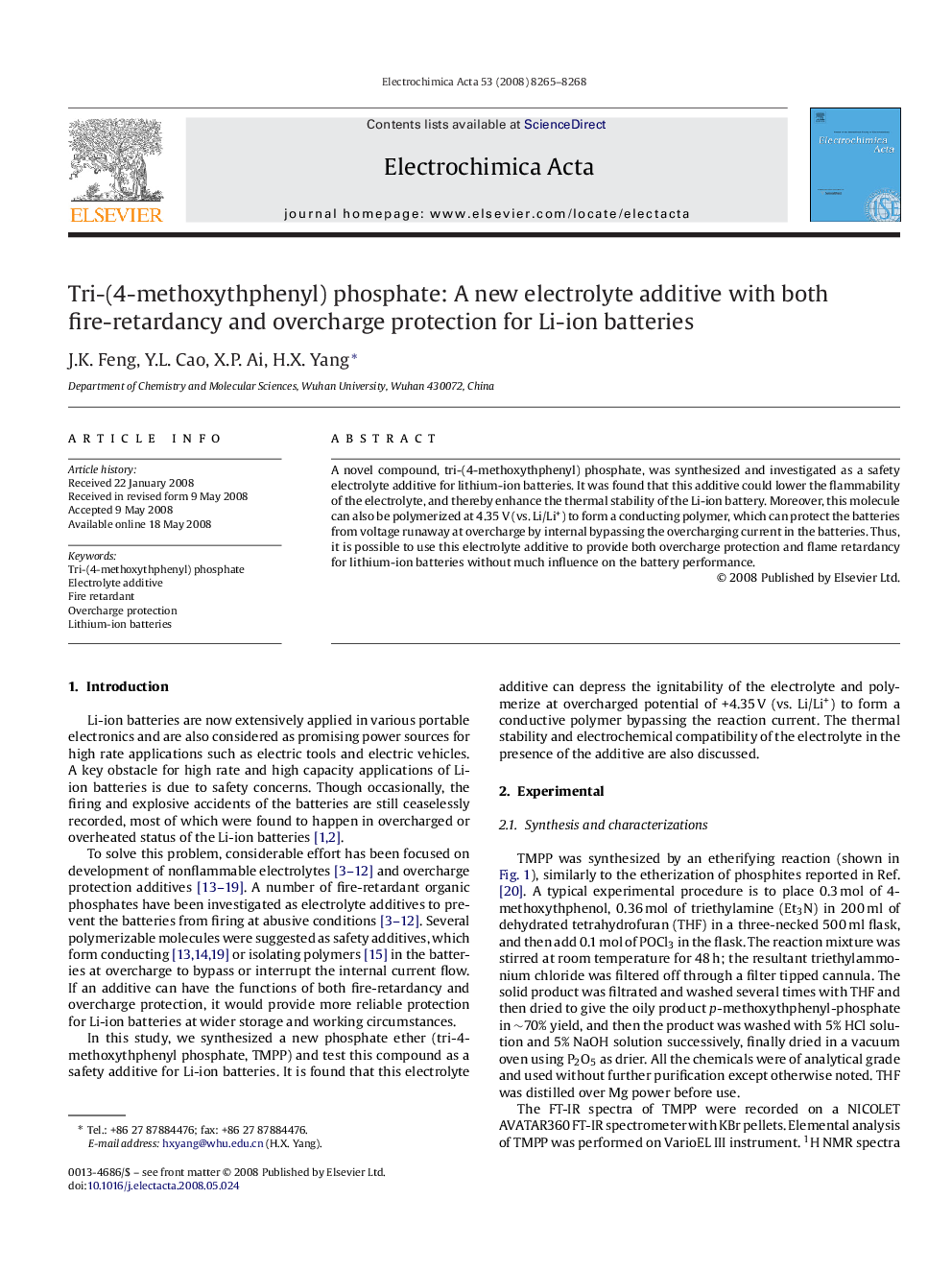 Tri-(4-methoxythphenyl) phosphate: A new electrolyte additive with both fire-retardancy and overcharge protection for Li-ion batteries