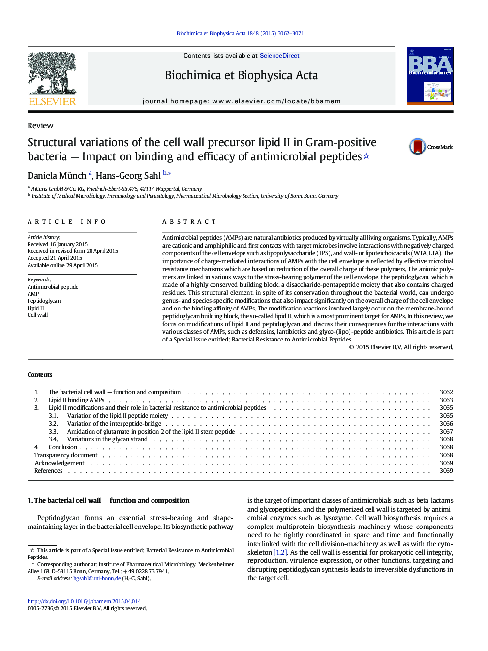 Structural variations of the cell wall precursor lipid II in Gram-positive bacteria — Impact on binding and efficacy of antimicrobial peptides 