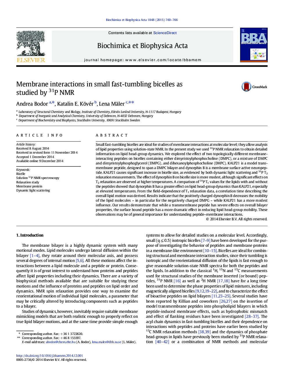 Membrane interactions in small fast-tumbling bicelles as studied by 31P NMR