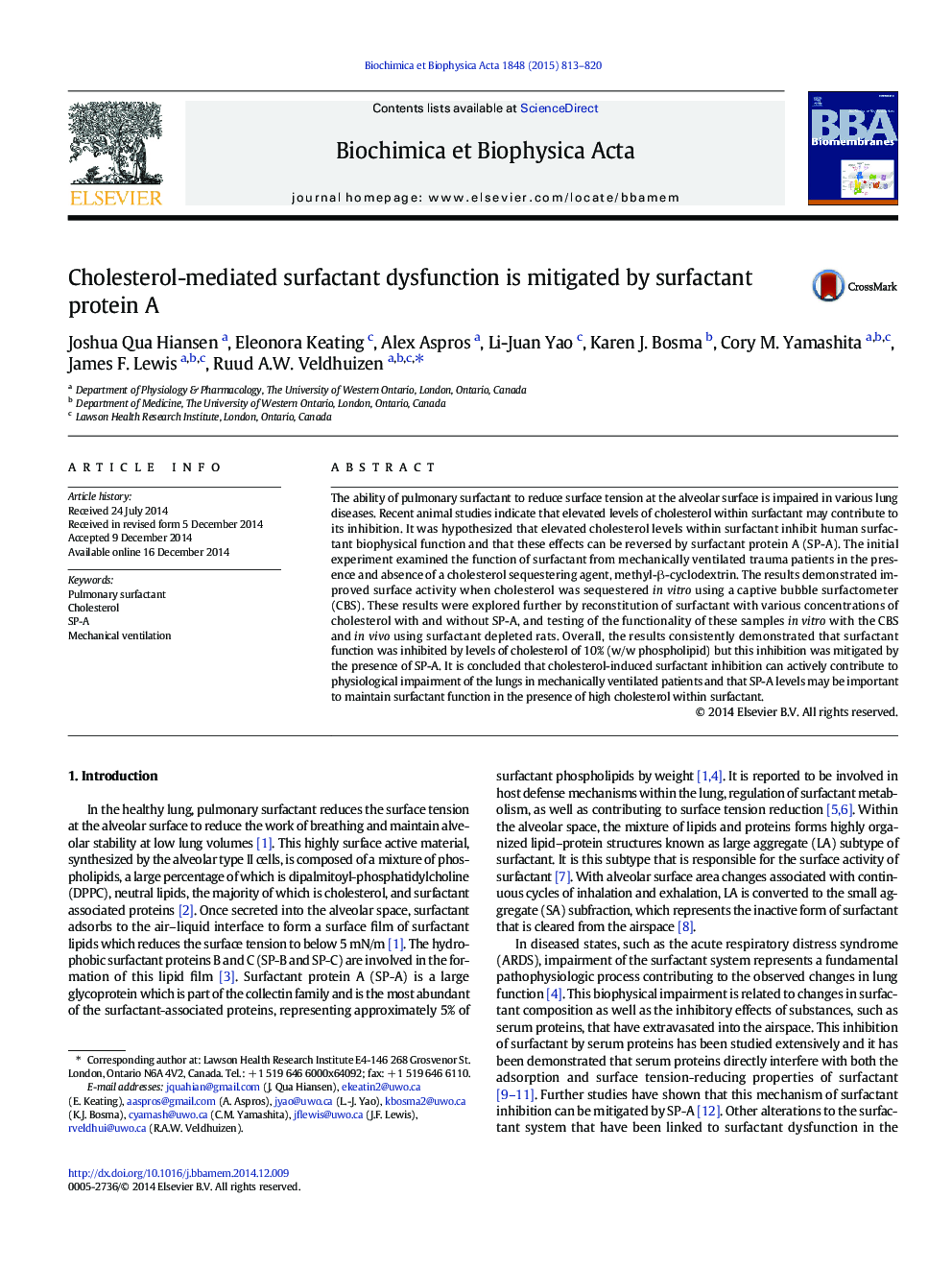 Cholesterol-mediated surfactant dysfunction is mitigated by surfactant protein A