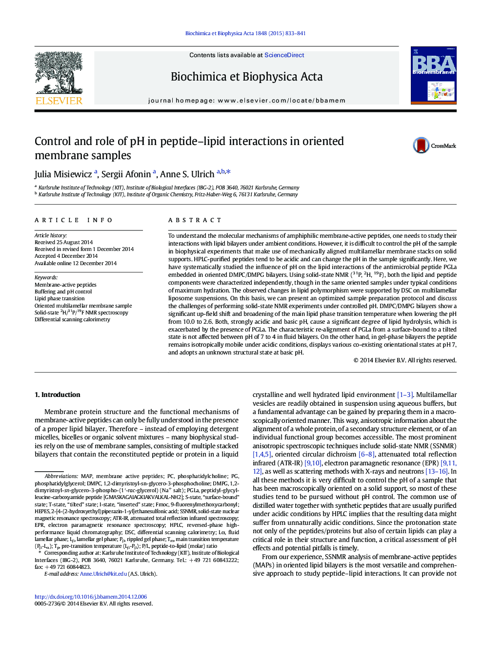 Control and role of pH in peptide–lipid interactions in oriented membrane samples