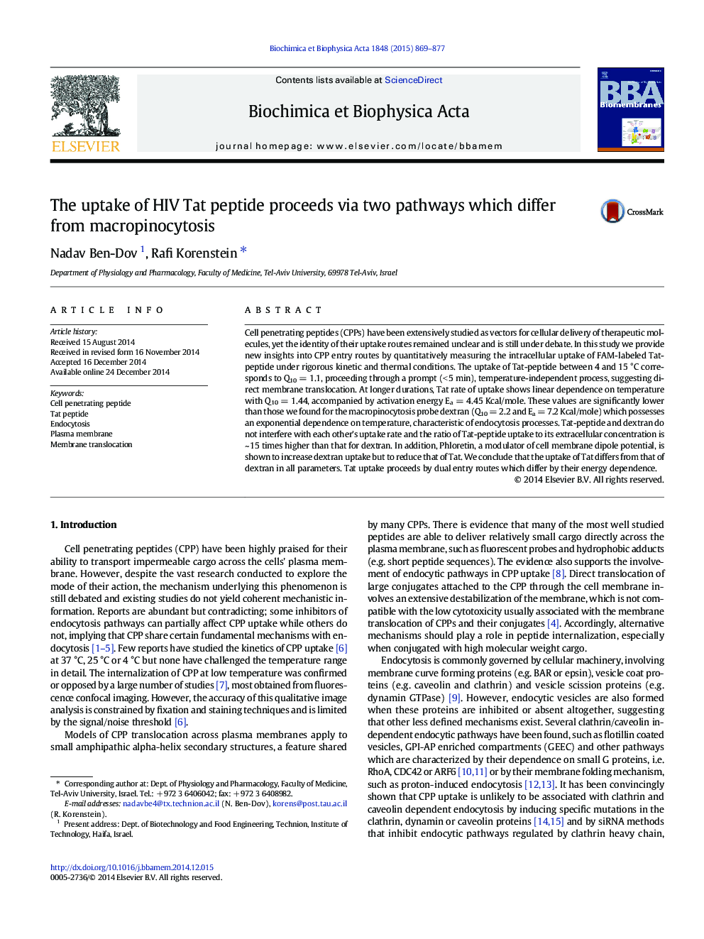 The uptake of HIV Tat peptide proceeds via two pathways which differ from macropinocytosis