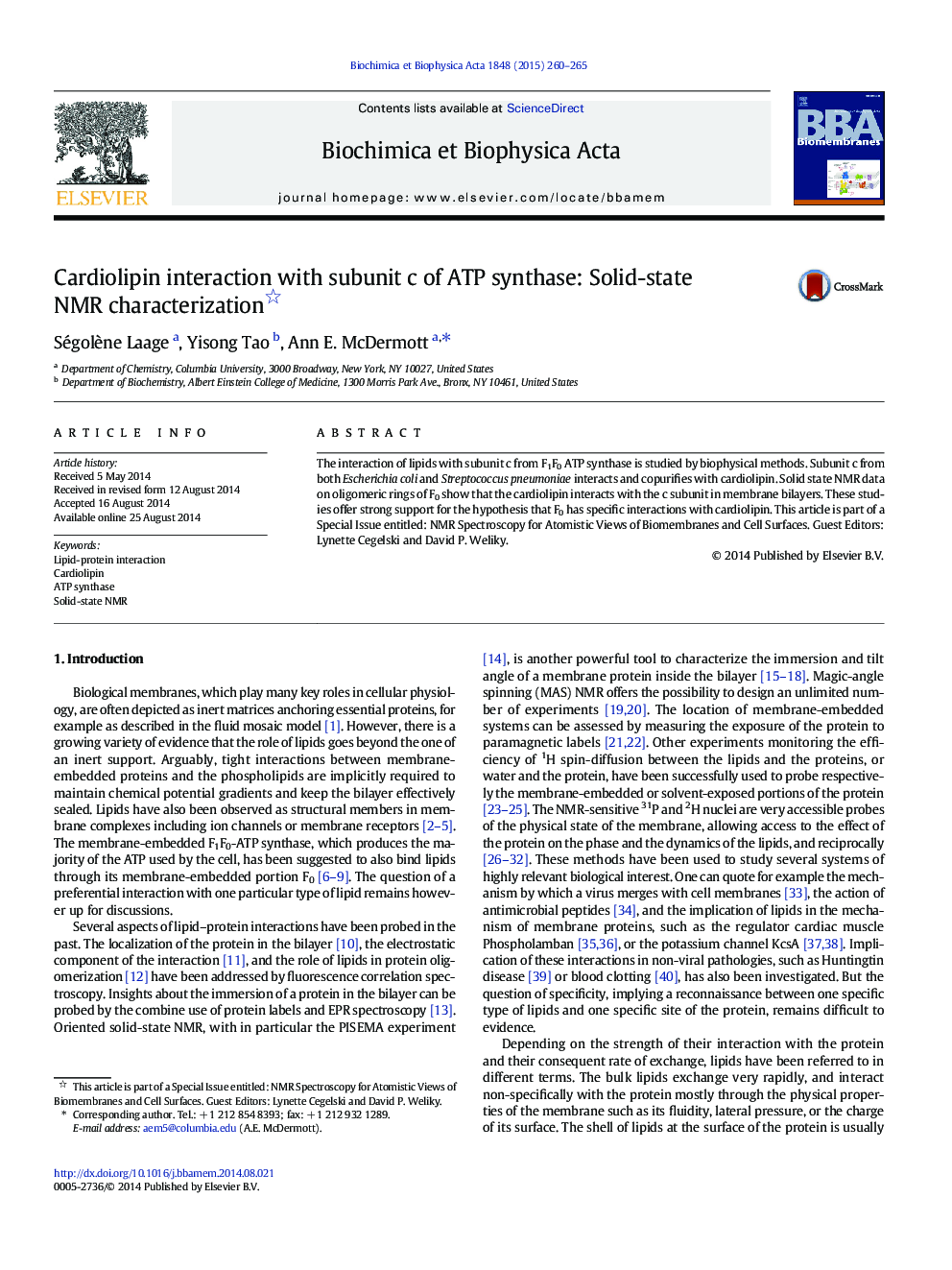 Cardiolipin interaction with subunit c of ATP synthase: Solid-state NMR characterization 