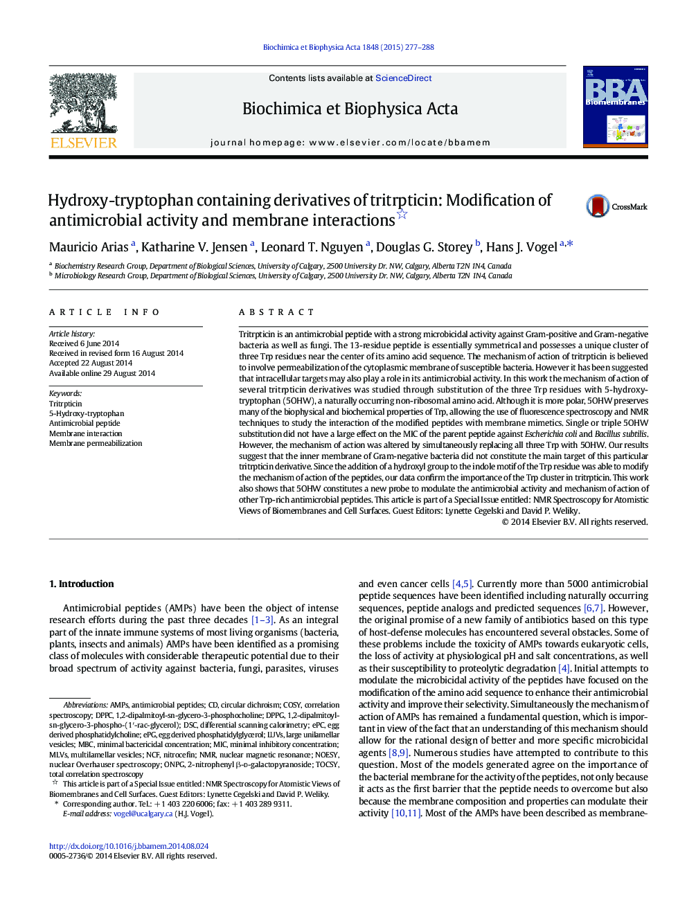 Hydroxy-tryptophan containing derivatives of tritrpticin: Modification of antimicrobial activity and membrane interactions 