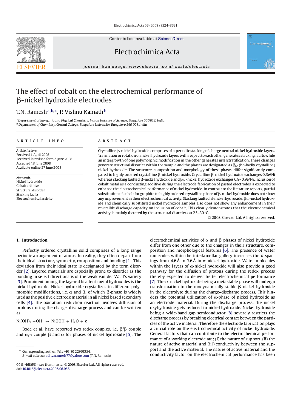 The effect of cobalt on the electrochemical performance of β-nickel hydroxide electrodes