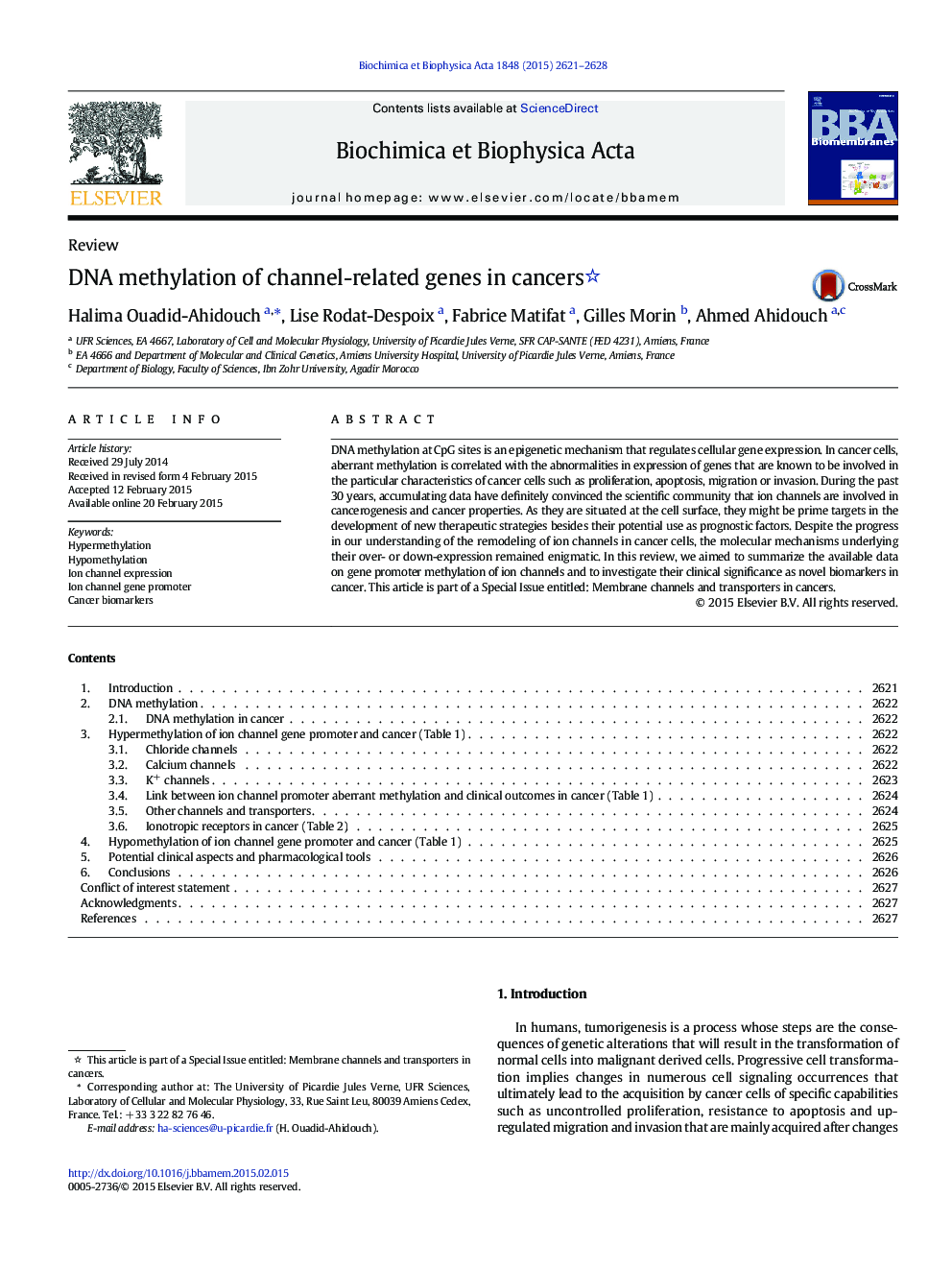 DNA methylation of channel-related genes in cancers 