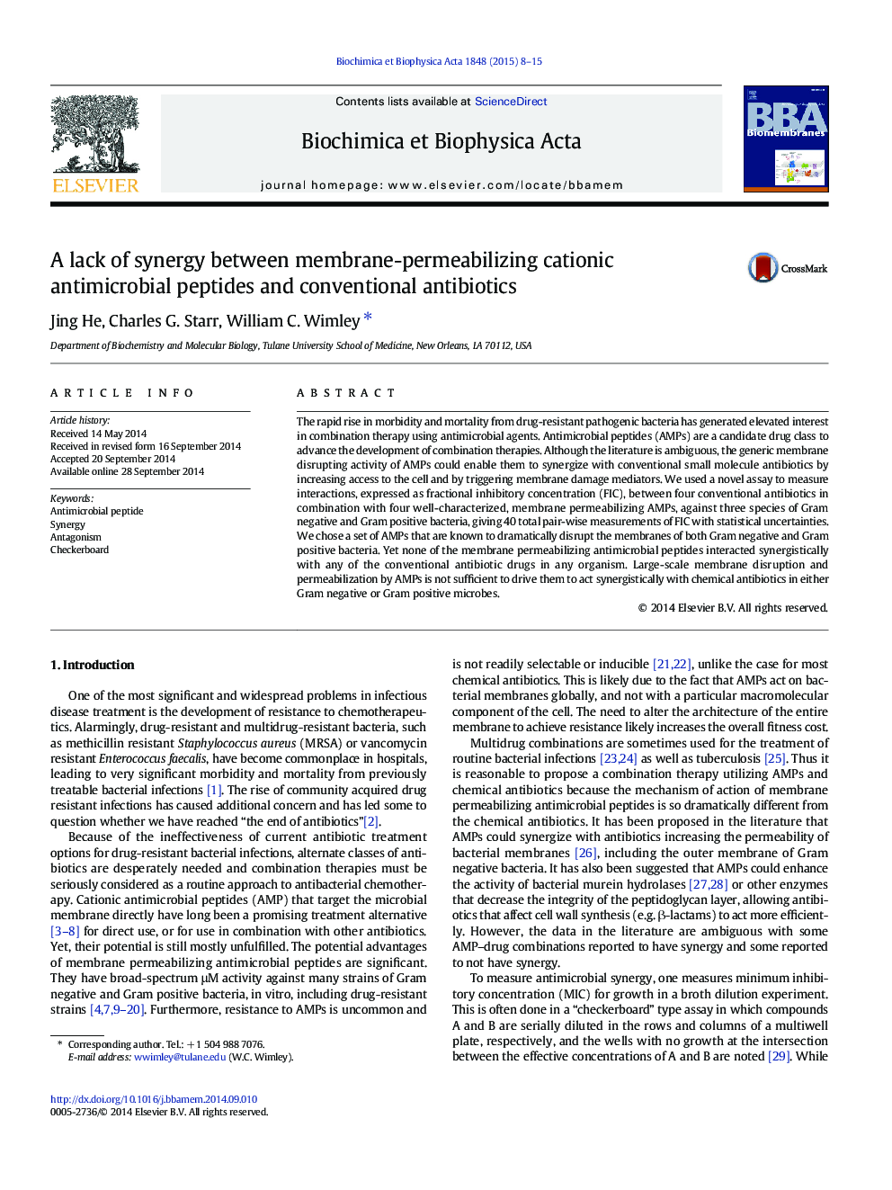 فقدان همکاری بین پپتیدهای ضد میکروبی غشاء و نفوذپذیری کاتیونی و آنتی بیوتیکهای معمول 