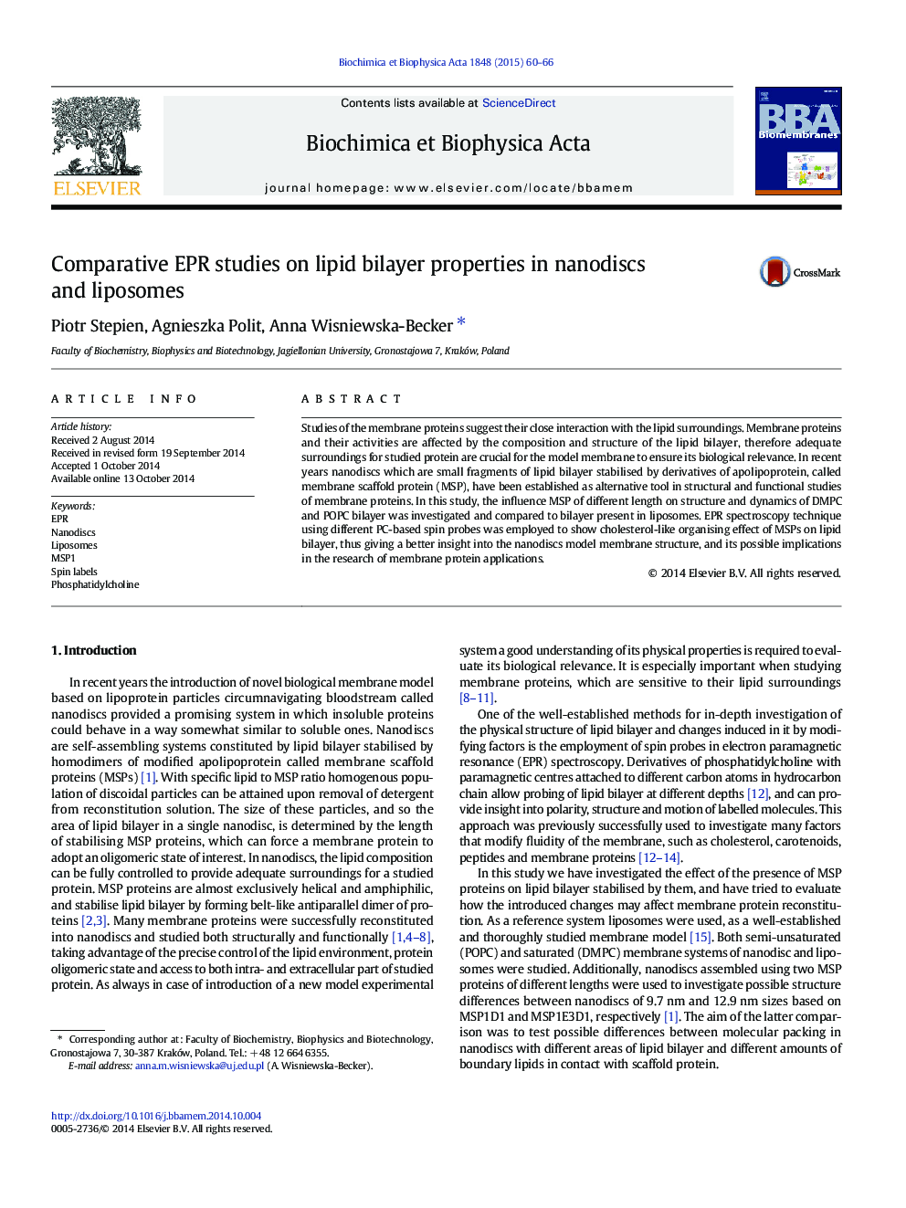 Comparative EPR studies on lipid bilayer properties in nanodiscs and liposomes
