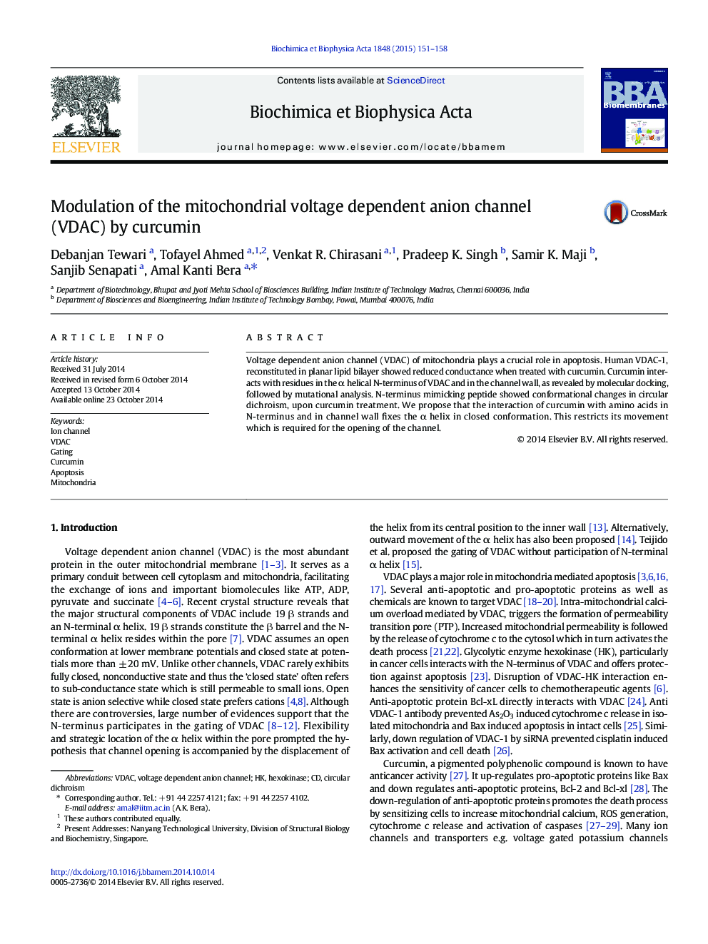 Modulation of the mitochondrial voltage dependent anion channel (VDAC) by curcumin